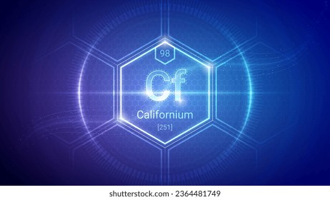 Californium (Cf) (098) Actinide - Fundamental Element Futuristic Neon Light Glow Hexagon Block Grid Background Design - Periodic Table, Chemical Symbol, Name, Atomic Mass, Atomic Number