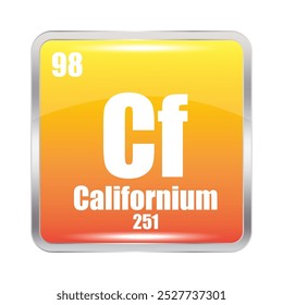 Ícone do Californium. Cf elemento químico. Número atômico 98. Massa 251. Imagem quadrada laranja. Símbolo de vetor.