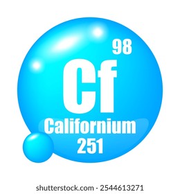 Ícone do Californium. Cf elemento químico. Número atômico 98. Massa 251. Imagem de esfera azul.