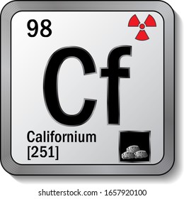 Californium periodic table element icon on silver metallic button with radioactive sign and mass number of the Most Stable Isotope. 3d sticker with soft shadow for chemical product label or web page.