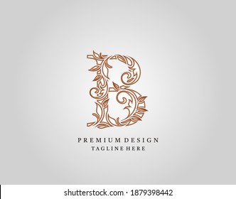 Caligraphic B Letter logo design, elegant floral ornate alphabet design vector.