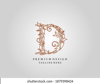 Caligraphic D Letter logo design, elegant floral ornate alphabet design vector.