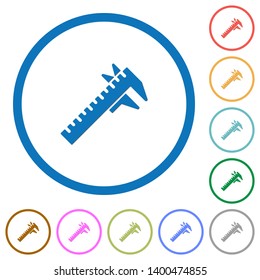 Caliper flat color vector icons with shadows in round outlines on white background