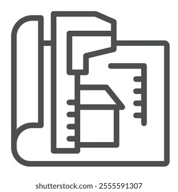 Caliper and house design plan line icon, architect studio concept. Vector graphics. Measurement tool with house project sign on white background, outline style icon for mobile or web design
