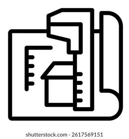Caliper and house design plan line icon, architect studio concept. Vector graphics. Measurement tool with house plan, project sign on white background, style mobile or design