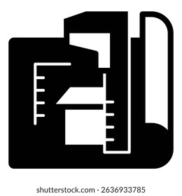 Caliper and house design plan solid icon, architect studio concept. Vector graphics. Measurement tool with house project sign on white background, style mobile or design