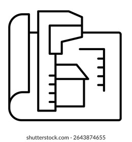Caliper and house design plan thin line icon, architect studio concept. Vector graphics. Measurement tool with house project sign on white background, style mobile or design