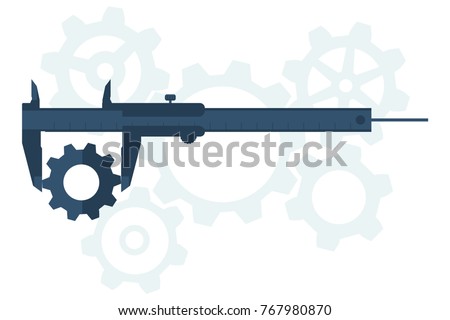 Caliper icon and gear. Measuring gear caliper. Measuring instrument engineer, architect, technician. Vector illustration flat design. Isolated on white background. Measuring  instrument.
