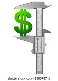 Caliper measures dollar symbol. Vector concept of measuring size of dollar sign. Qualitative vector (EPS-10) illustration for banking, financial industry, economy, accounting, etc.