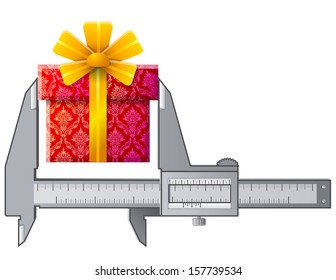 Caliper measures gift sign. Vector concept of measuring size of gift symbol. Qualitative vector illustration for holiday, packaging supplies, congratulation, gift wrapping, packaging, etc