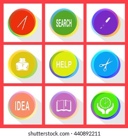 caliper, search, ink pen and pencil, inkstand, help, scissors, idea, book, clock in hands. Education set. Internet template. Vector icons.