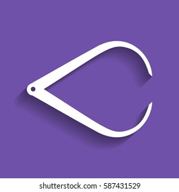 Caliper sign illustration. Vector. White icon with soft shadow on grape violet background.