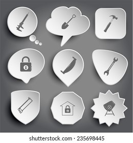 caliper, spade, hammer, closed lock, two-handled saw, spanner, hacksaw, bank, concrete mixer. White vector buttons on gray.