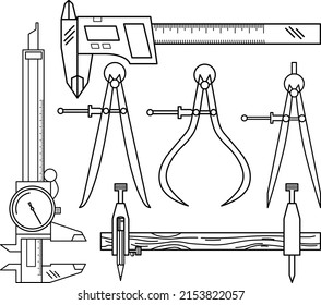 Calibradores y divisores vectores aislados sobre fondo blanco. Consta de una pinza de freno digital, una pinza de freno de marcado, pinzas de freno internas, pinzas de freno externas, un separador de primavera y cabezas de Trammel.