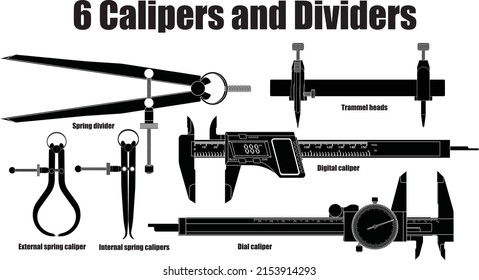 Calipers and Dividers isolated vector set on white background. Consists of a Digital caliper, Dial caliper, Internal spring calipers, External spring calipers, Spring divider, and Trammel heads.