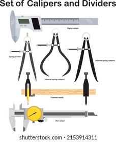 Calipers and Dividers isolated vector set on white background. Consists of a Digital caliper, Dial caliper, Internal spring calipers, External spring calipers, Spring divider, and Trammel heads.