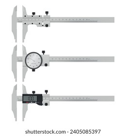 Calipers engineering technology measurement instrument with digital and analogue display set realistic vector illustration. Construction metallic ruler equipment for accuracy measure precision control