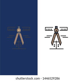 Calipers, Geometry, Tools, Measure  Icons. Flat and Line Filled Icon Set Vector Blue Background