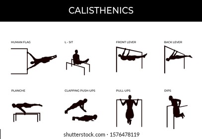 Calisthenic silhouettes set isolated on white. Male athlete doing human flag, planche, front lever, back lever, L-sit, clapping pushups, pull ups and dips. Street workout and gym own weight exercises.
