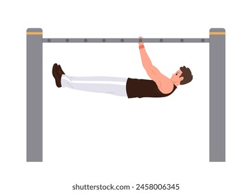 Calisthenics sportsman cartoon character hanging on horizontal bar performing power and strength