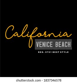 CALIVORNIA, VENICE BEACH, WORDS DESIGN, T-SHIRT DESIGN, TYPOGRAPHY, SCREEN PRINTING, BLACK CLOTH, YELLOW AND WHITE TEXT.