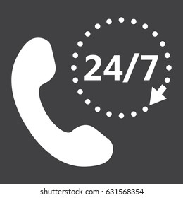 Call 24 7 solid icon, support service and website button, vector graphics, a filled pattern on a black background, eps 10.