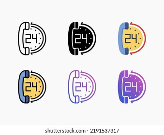 Call 24 Hours icon set with line, outline, flat, filled, glyph, color, gradient. Can be used for digital product, presentation, print design and more.