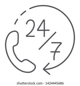 Call 24/7 thin line icon, service and assistance, support 24/7 sign, vector graphics, a linear pattern on a white background, eps 10.