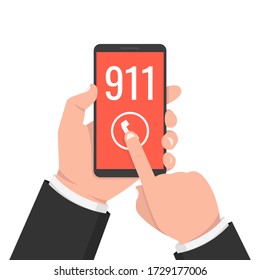 Llame al 911, concepto de llamadas de emergencia. Mano sosteniendo el smartphone, dedo tocando el botón de llamada. Ilustración vectorial.
