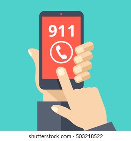 Call 911, emergency call concept. Hand holding smartphone, finger touching call button. Modern flat design vector illustration