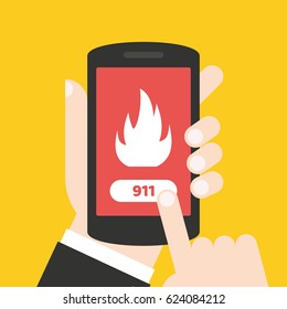 Call 911. Emergency call. Hand holding smart phone.