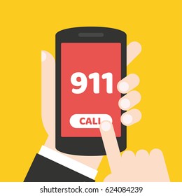 Call 911. Emergency call. Hand holding smart phone.