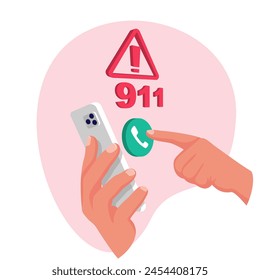 Call 911. Frightened man calling the rescue service. Phone in hand. Call ambulance, firefighters or police. Vector illustration flat design. Isolated on white background.