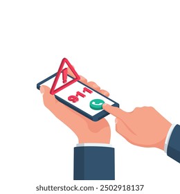 Call 911. Frightened man calling the rescue service. Phone in hand. Call ambulance, firefighters or police. Vector illustration isometric 3d design. Isolated on white background.