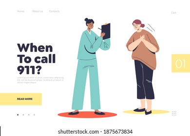 Call 911 Landing Page Concept With Woman Having Heart Attack And Chest Pain Consulting To Doctor Cardiologist. Heart Pain And Emergency Concept. Cartoon Flat Vector Illustration