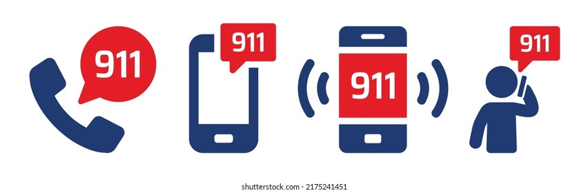 Call 911 phone number icon set to contact emergency services for assistance. Vector symbol illustration.