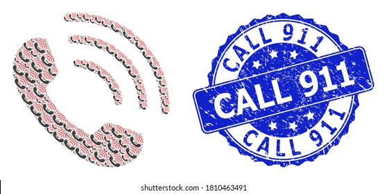 Call 911 rubber round stamp seal and vector recursive collage phone call. Blue stamp seal contains Call 911 text inside round shape. Vector collage is created of scattered phone call items.