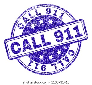 CALL 911 stamp seal watermark with distress texture. Designed with rounded rectangles and circles. Blue vector rubber print of CALL 911 title with dirty texture.