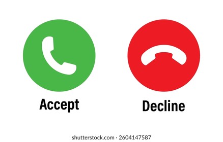 Call accept and decline icon set with green and red buttons featuring phone symbols. Ideal for mobile apps, communication UI, VoIP, chat, call interfaces, and digital interaction designs. Vector
