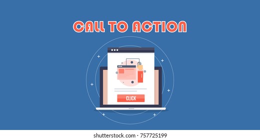 Call to action, Audience engagement, marketing, website flat vector banner with icons on blue background