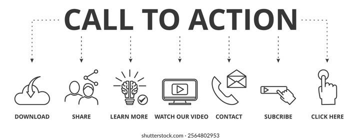 Call to action banner vector illustration concept with icon of download, share, learn more, watch our video, contact us, subscribe, and click here