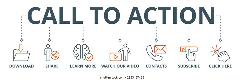 Call to action banner web icon vector illustration concept with icon of download, share, learn more, watch our video, contact us, subscribe, and click here