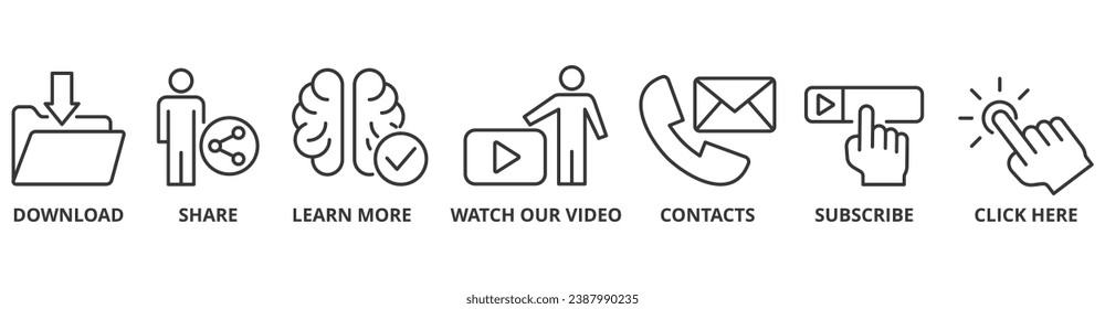Call to action banner web icon vector illustration concept with icon of download, share, learn more, watch our video, contact us, subscribe, and click here