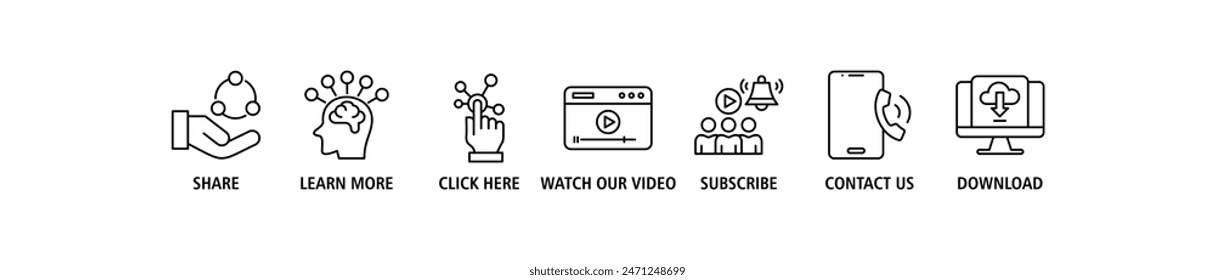 Call to action banner web icon set vector illustration concept with icon of download, share, learn more, watch our video, contact us, subscribe, and click here