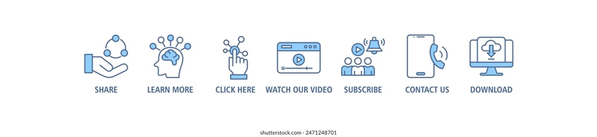 Call to action banner web icon set vector illustration concept with icon of download, share, learn more, watch our video, contact us, subscribe, and click here