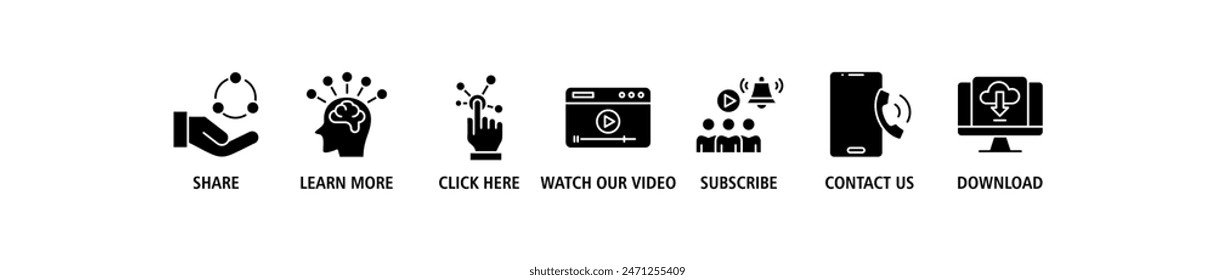 Call to action banner web icon set vector illustration concept with icon of download, share, learn more, watch our video, contact us, subscribe, and click here