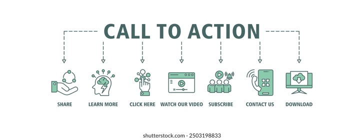 Call to action banner web icon set vector illustration concept with icon of download, share, learn more, watch our video, contact us, subscribe, and click here icons symbol editable