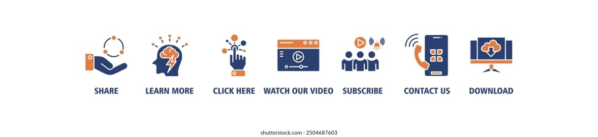 Call to action banner web icon set vector illustration concept with icon of download, share, learn more, watch our video, contact us, subscribe, and click here icons symbol easy to edit