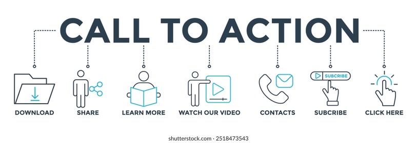 Call to action banner web icon vector illustration concept with icon of download, share, learn more, watch our video, contact us, subscribe, and click here
