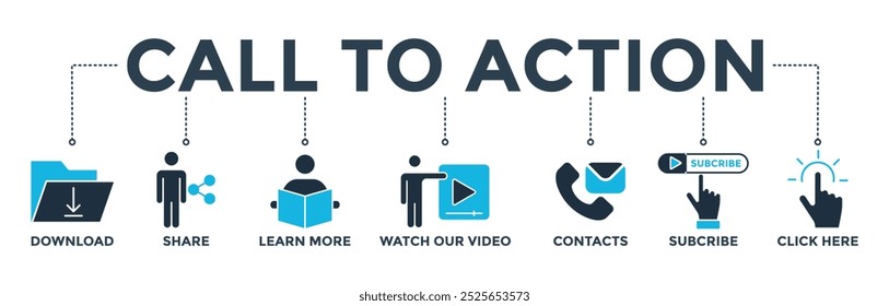 Chamada para ação banner ícone web vetor ilustração conceito com ícone de download, compartilhar, aprender mais, assistir nosso vídeo, entrar em contato conosco, inscrever-se, e clique aqui
